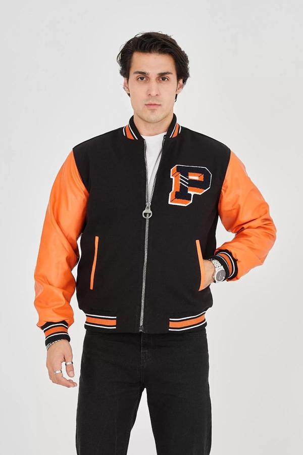 Erkek İçten Elyaf ve Astarlı Kolları Suni Deri Ceket - Turuncu - Image 1