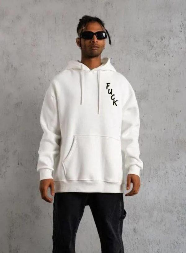 Unisex Kapşonlu Uzun Kol Baskılı Sweetshirt - Beyaz - Image 1
