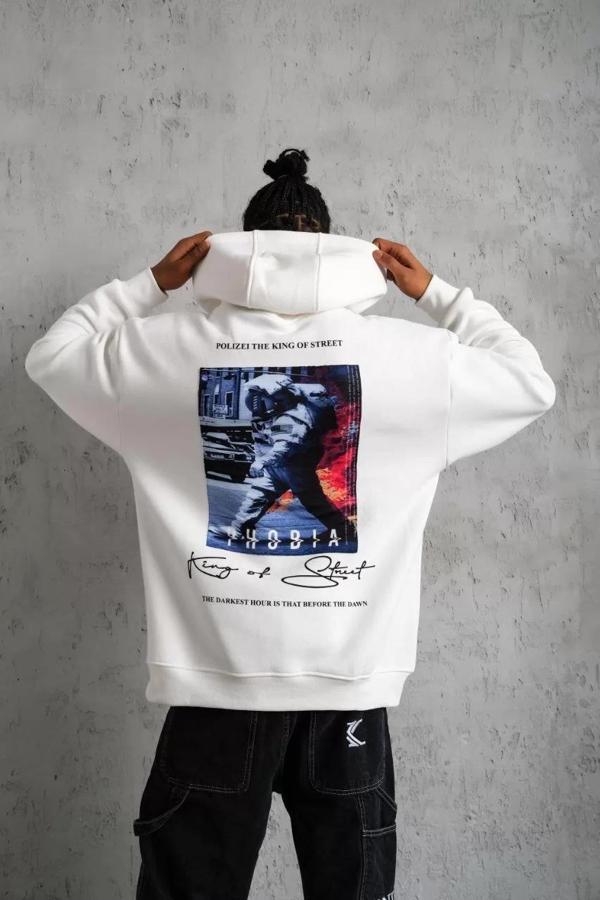 Erkek Astronot Baskılı Kapüşonlu Sweat - Beyaz - Image 1