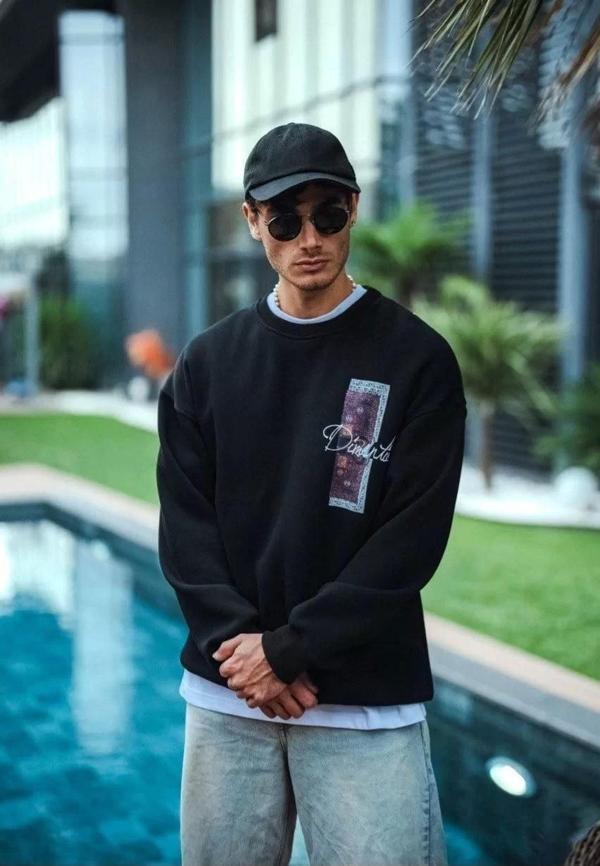 Uzun Kol Bisiklet Yaka Ön ve Arka Baskılı SweatShirt - Siyah - Image 1
