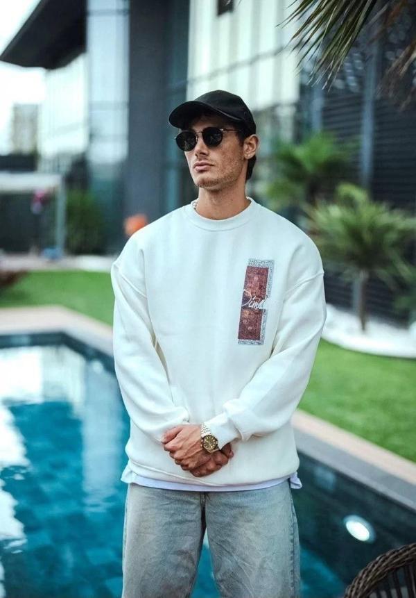 Uzun Kol Bisiklet Yaka Ön ve Arka Baskılı SweatShirt - Beyaz - Image 1