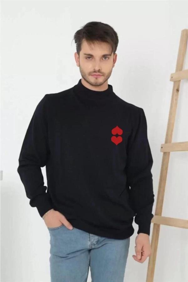 Unisex Yarım Boğazlı Baskılı Dokuma Triko - Lacivert - Image 1