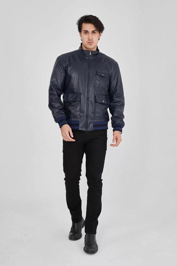 Erkek Fermuarlı İçten Elyaf ve Astarlı Suni Deri Ceket - Lacivert - Image 1