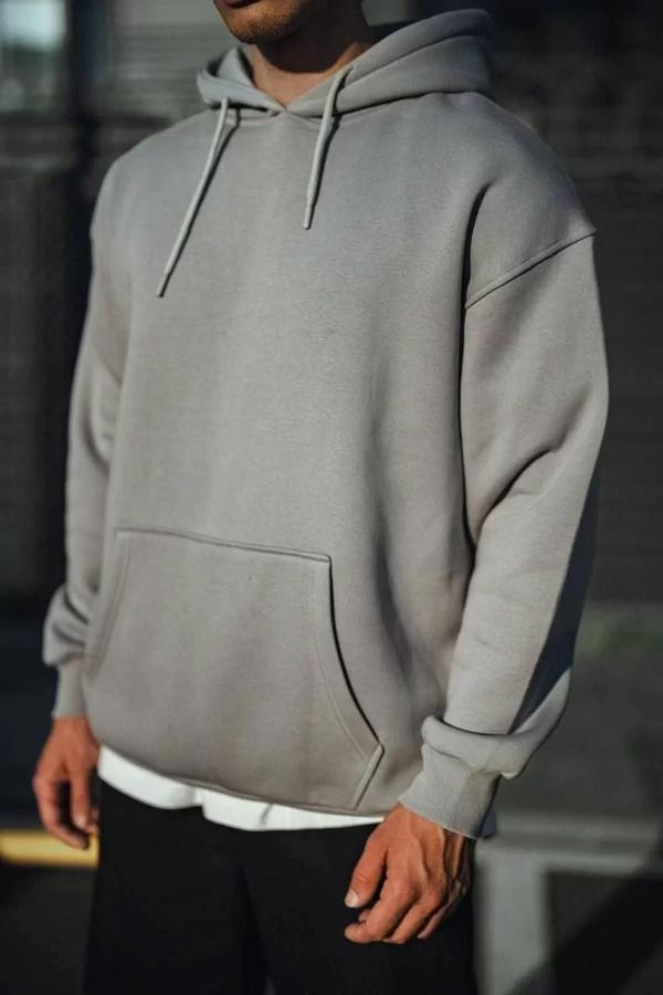 Üç İplik Penye Kapşonlu Basic SweatShirt - Boyalı Gri - Image 1