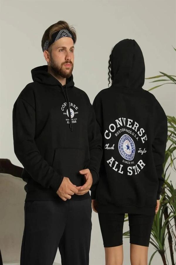Erkek Sırt Baskılı Oversize Üç İplik Kapüşonlu Hoodie Sweatshirt - Siyah - Image 1