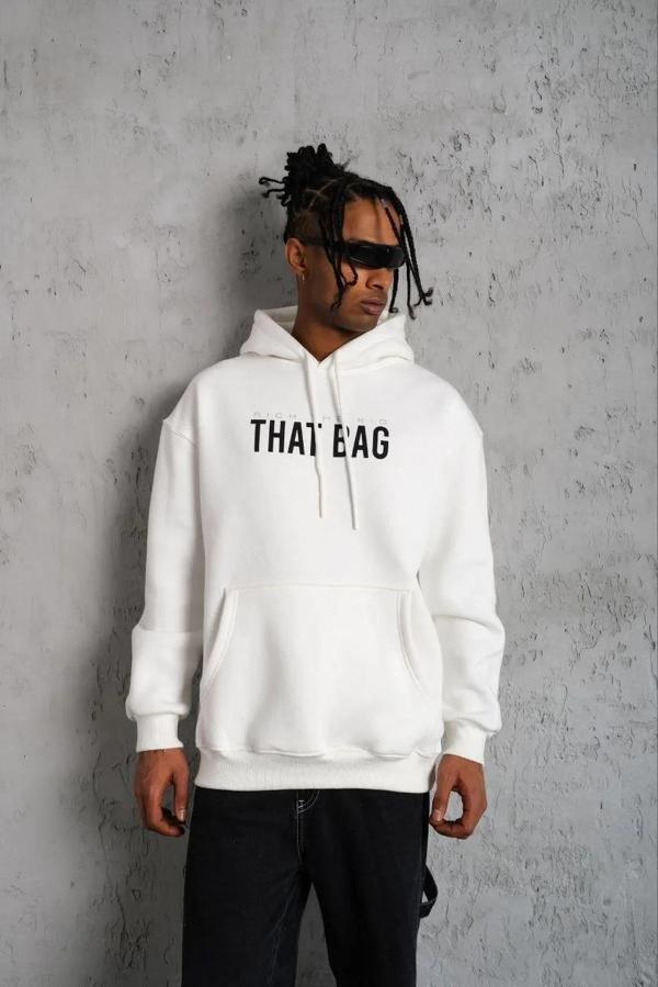 Erkek Kanguru Cep Baskılı Kapüşonlu Sweatshirt - Beyaz - Image 1