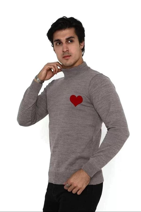 Unisex Yarım Boğazlı Baskılı Dokuma Triko - Vizon - Image 1