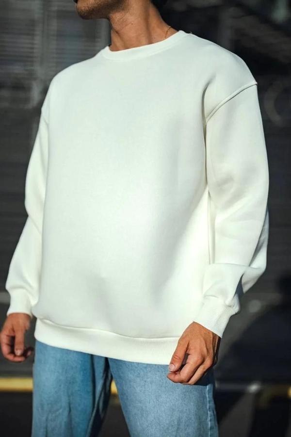 Kışlık Bisiklet Yaka Üç İplik Basic SweatShirt - Beyaz - Image 1