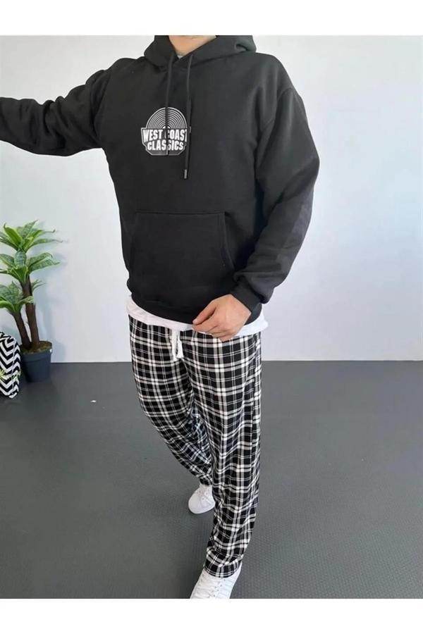 Erkek Sırt Baskılı Kapüşonlu Üç İplik Oversize Sweatshirt - Siyah - Image 1