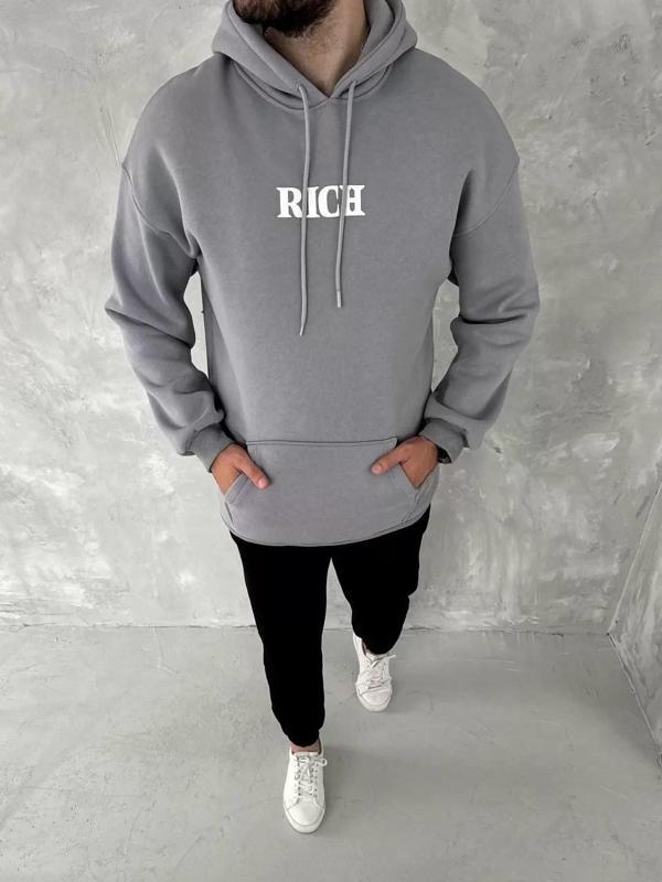 Uzun Kol Kapüşonlu Göğüs Baskılı SweatShirt - Gri - Image 1