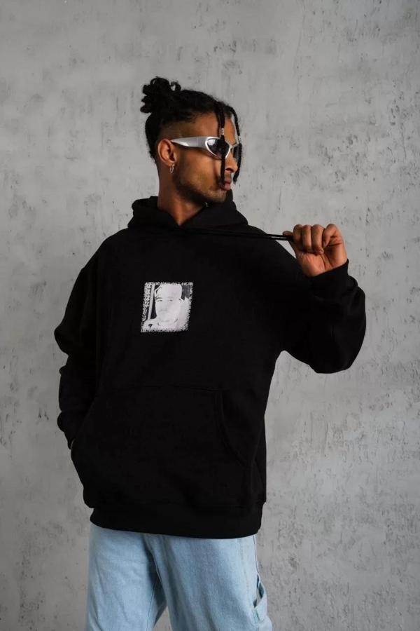 Erkek Ön Arka Baskılı Kapşonlu Sweat - Siyah - Image 1