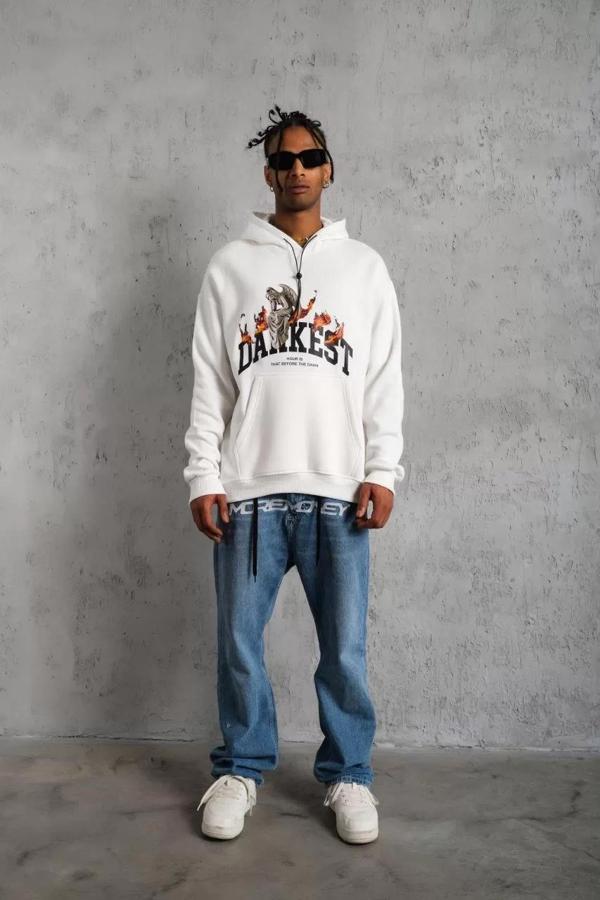 Erkek DANKES Baskılı Kapüşonlu Sweat - Beyaz - Image 1