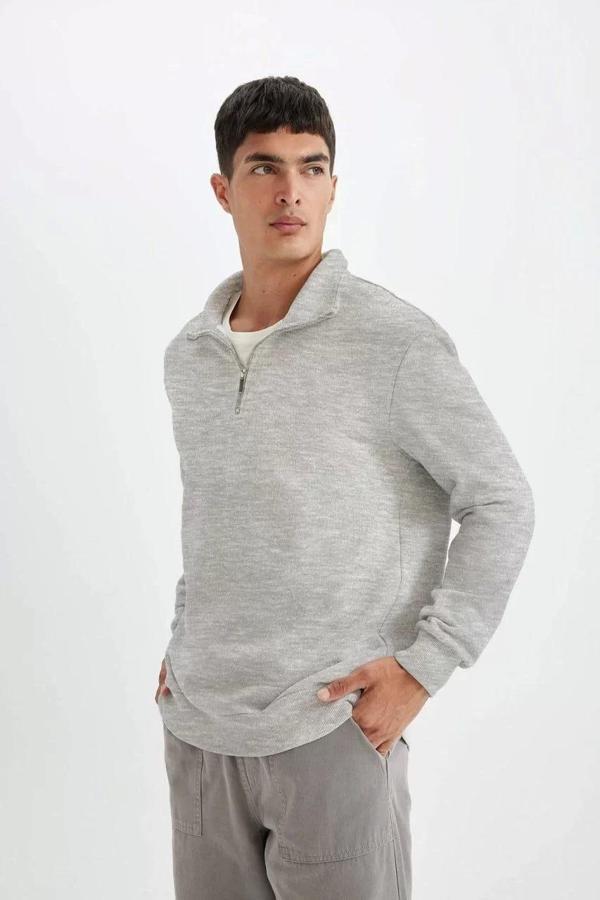 Unisex Uzun Kol Yarım Farmuarlı Yakalı Basic SweatShirt - Gri - Image 1