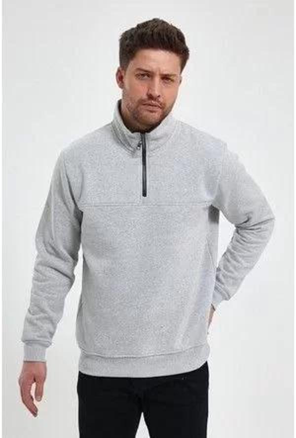 Oversize Yarım Farmuarlı Yakalı Basic SweatShirt - Gri - Image 1