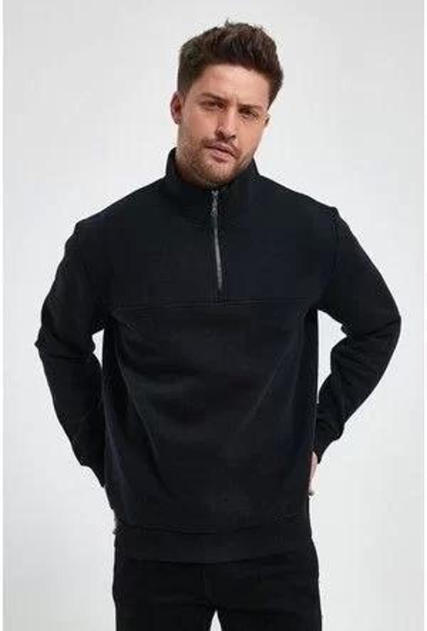 Oversize Yarım Farmuarlı Yakalı Basic SweatShirt - Siyah - Image 1