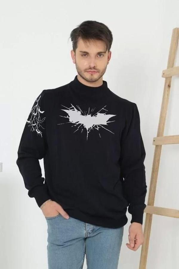 Unisex Yarım Boğazlı Baskılı Dokuma Triko - Siyah - Image 1