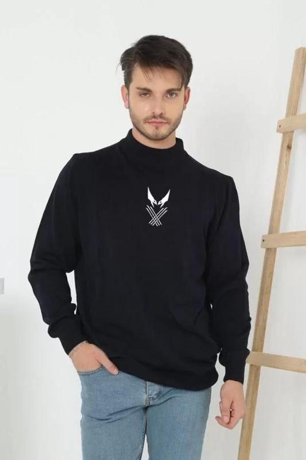 Unisex Yarım Boğazlı Baskılı Dokuma Triko - Siyah - Image 1