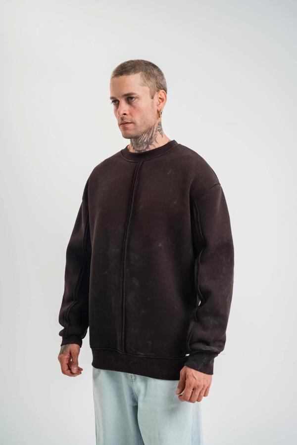 Unisex Bisiklet Yaka Özel Pis Dikişli Yıkamalı SweatShirt - Kahve - Image 1