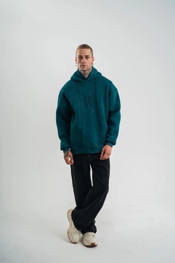 Unisex Uzun Kol Kapşonlu Yıkamalı Nakışlı SweatShirt - Koyu Deniz Yeşili - Image 1