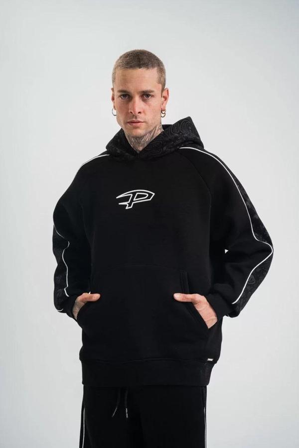 Uzun Kol Kapşonlu Ara Biyeli SweatShirt - Siyah - Image 1