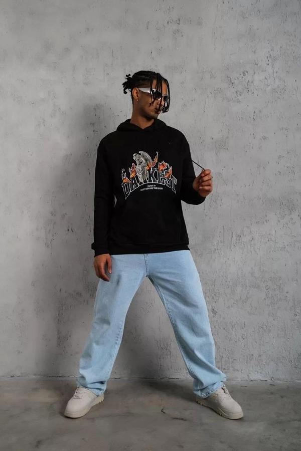 Erkek DANKES Baskılı Kapüşonlu Sweat - Siyah - Image 1