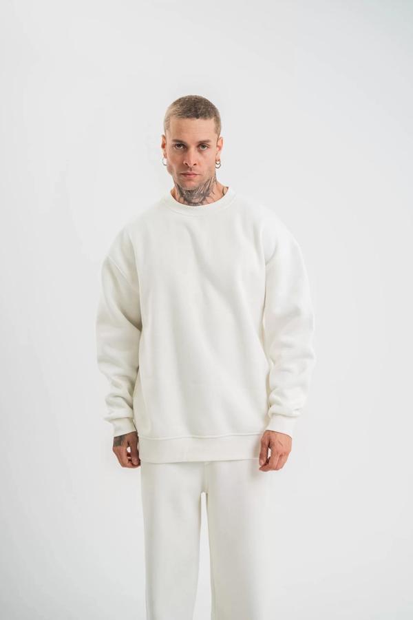 Uzun Kol Bisiklet Yaka Basic SweatShirt - Beyaz - Image 1