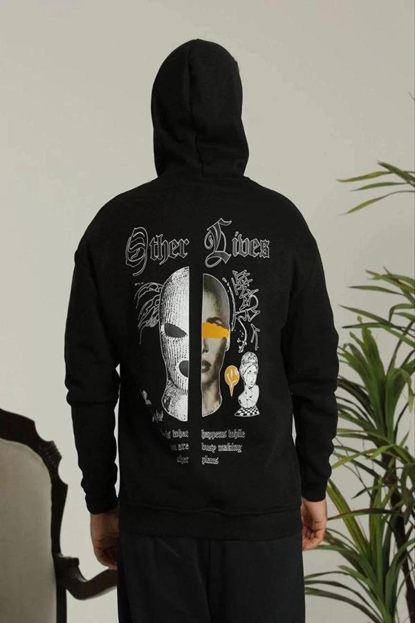 Erkek Sırt Baskılı Oversize Üç İplik Kapüşonlu Sweatshirt - Siyah - Image 1