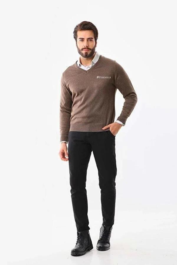 Baskılı V Yaka Uzun Kol Dokuma Triko - Kahve - Image 1