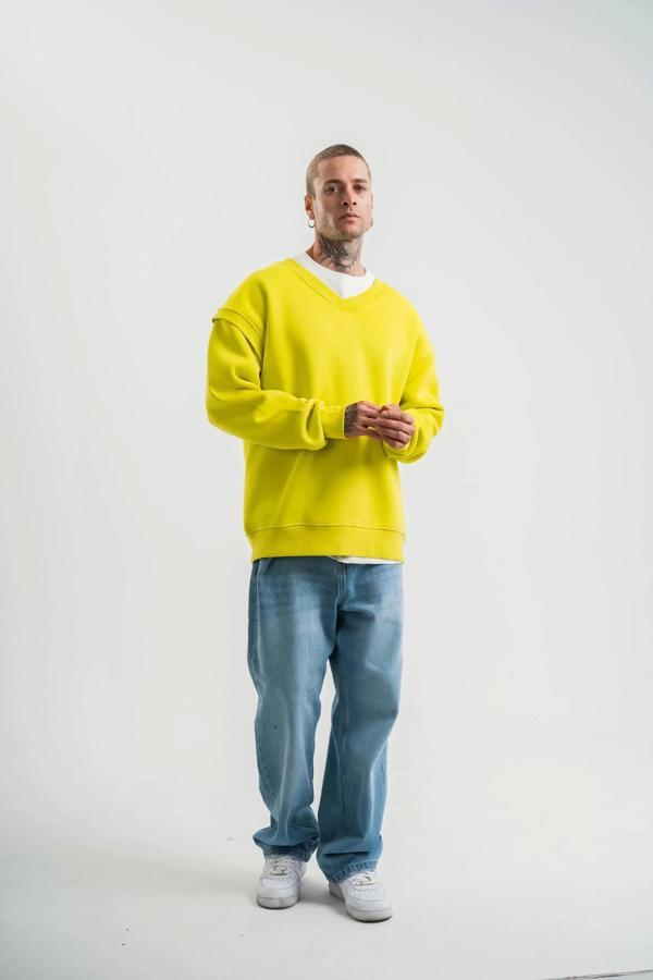 Geniş V yaka Kol Ribana Detaylı SweatShirt - Sarı - Image 1