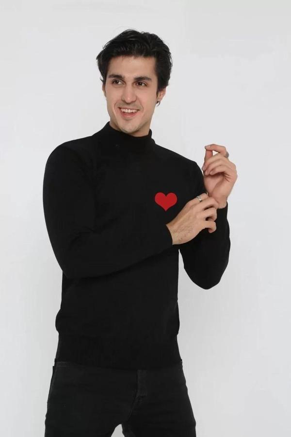 Unisex Yarım Boğazlı Baskılı Dokuma Triko - Siyah - Image 1