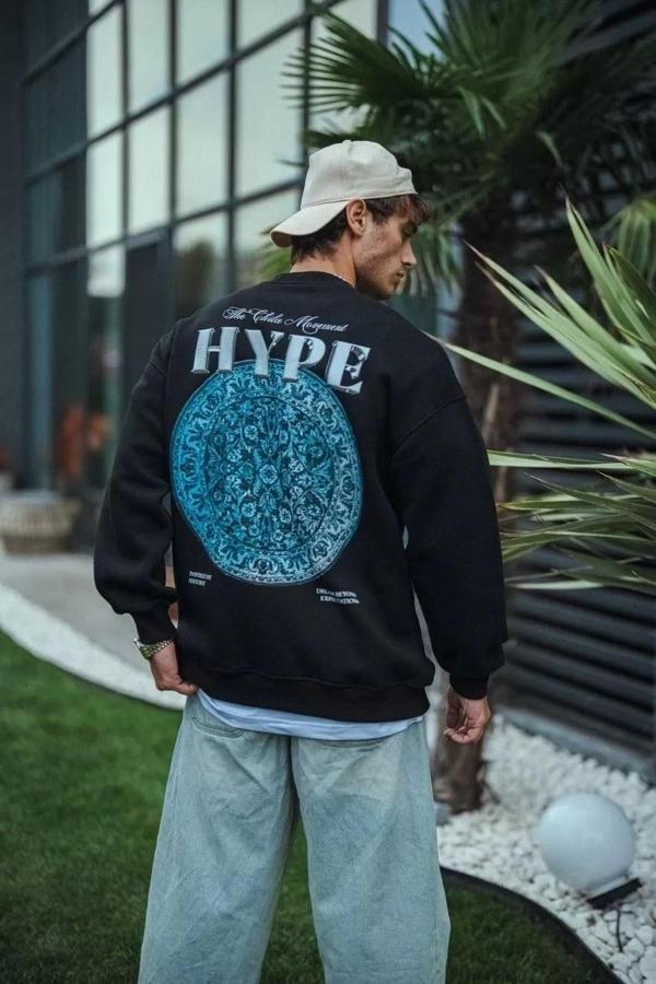Üç İplik Bisiklet Yaka Baskılı SweatShirt - Siyah - Image 1