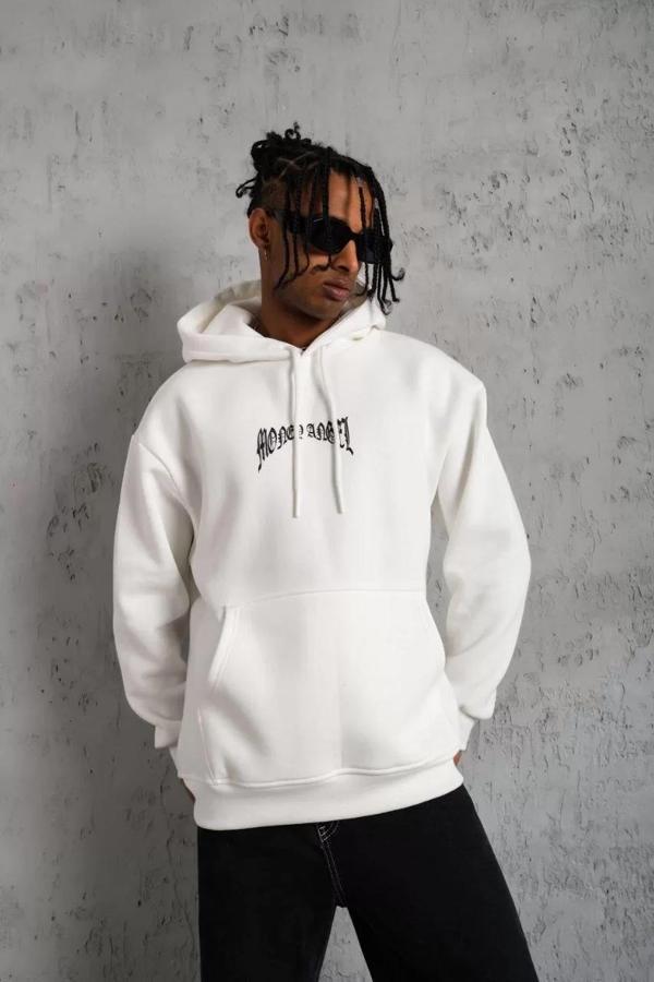 Erkek Kordon İpli Baskılı Kapüşonlu Sweatshirt - Beyaz - Image 1