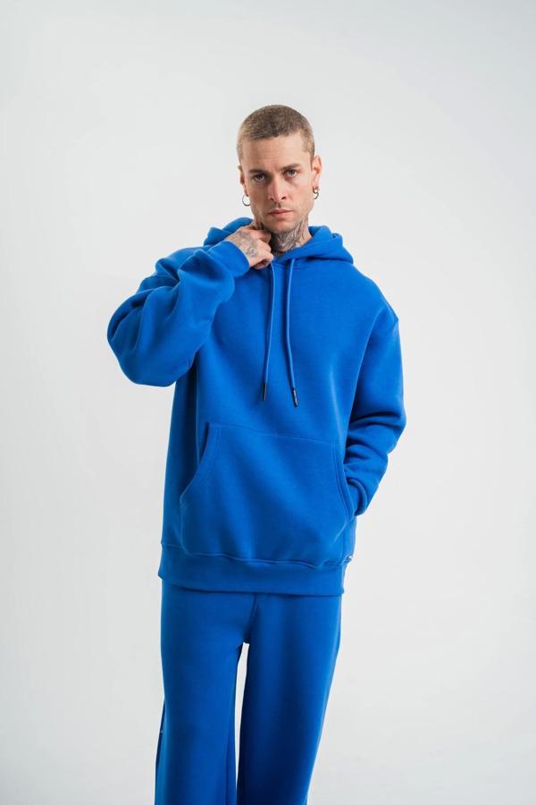 Unisex Double Oversize Kapşonlu Basic SweatShirt - Mavi - Image 1