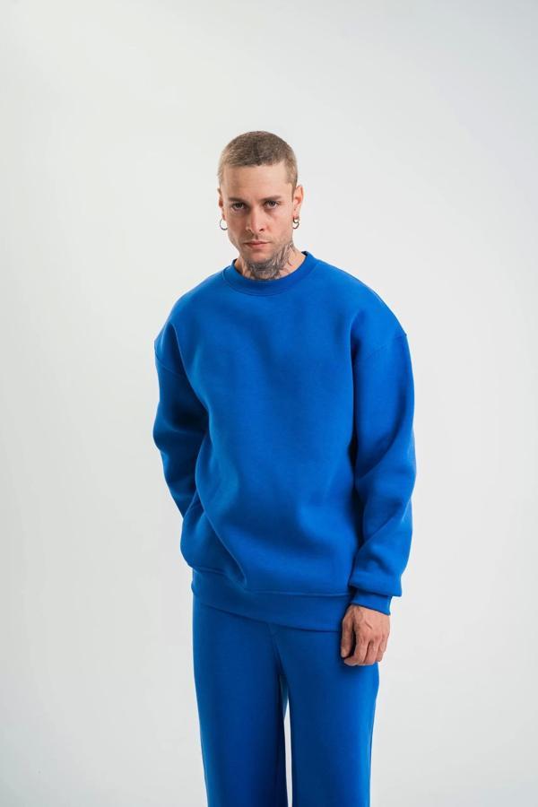 Uzun Kol Bisiklet Yaka Basic SweatShirt - Mavi - Image 1