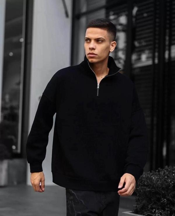 Erkek Yarım Fermuarlı Üç İplik Sweatshirt - Siyah - Image 1