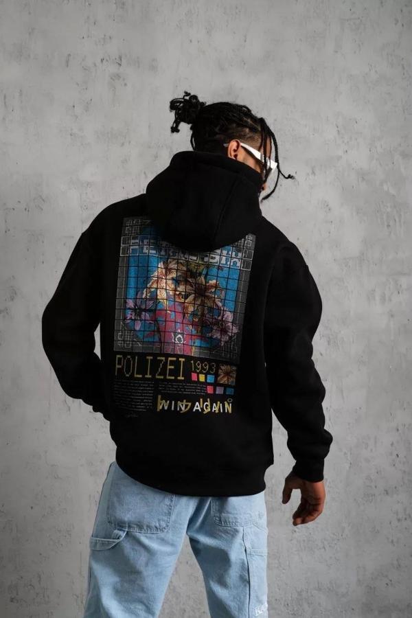 Erkek Patel Six Baskılı Kapüşonlu Sweat - Siyah - Image 1