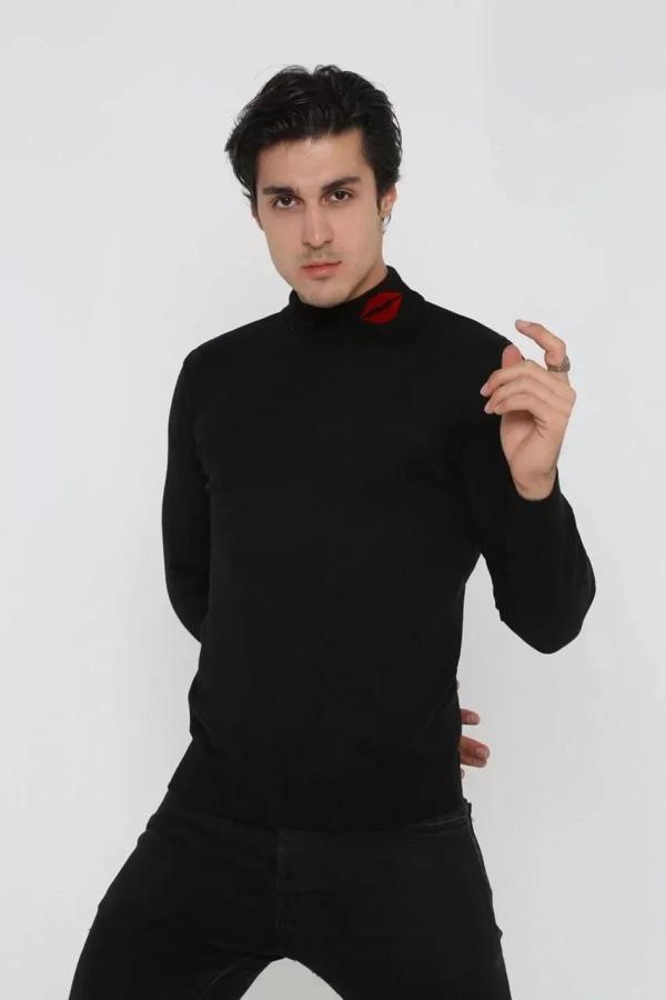 Unisex Yarım Boğazlı Baskılı Dokuma Triko - Siyah - Image 1