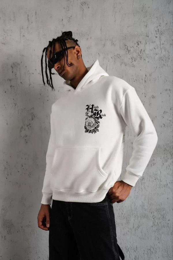 Erkek Baskılı Kapşonlu Sweat - Beyaz - Image 1