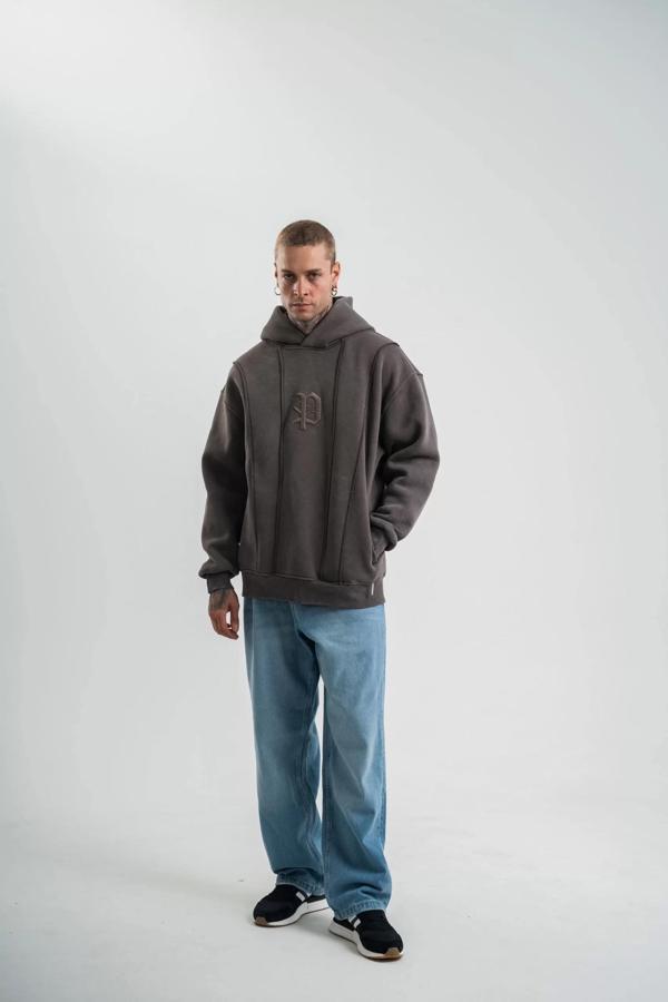 Unisex Uzun Kol Kapşonlu Yıkamalı Nakışlı SweatShirt - Füme - Image 1