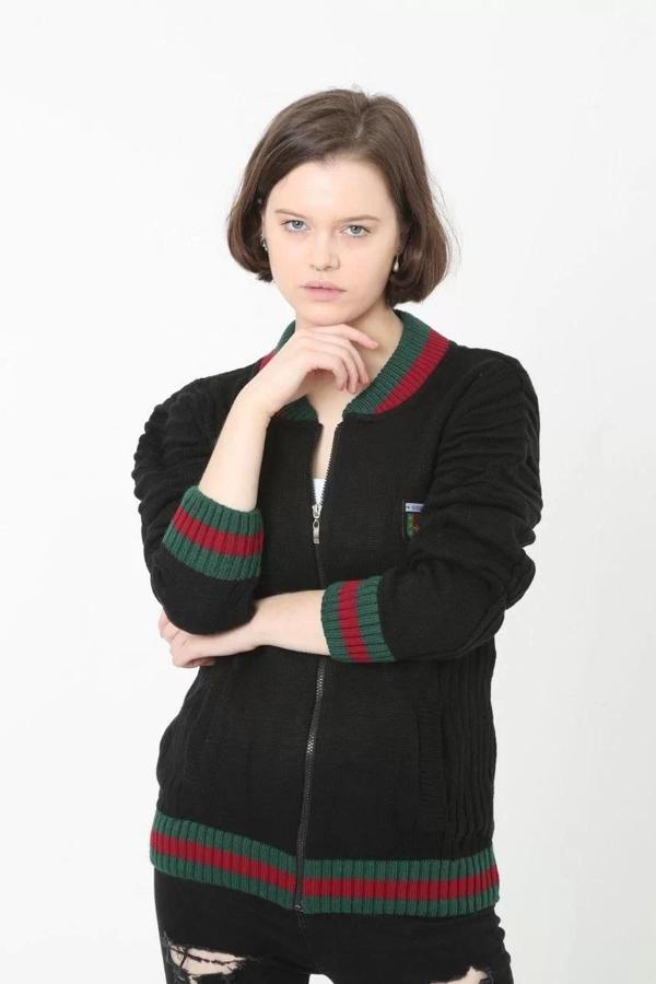 Kadın Tam Fermuarlı Triko Hırka - Siyah - Image 1