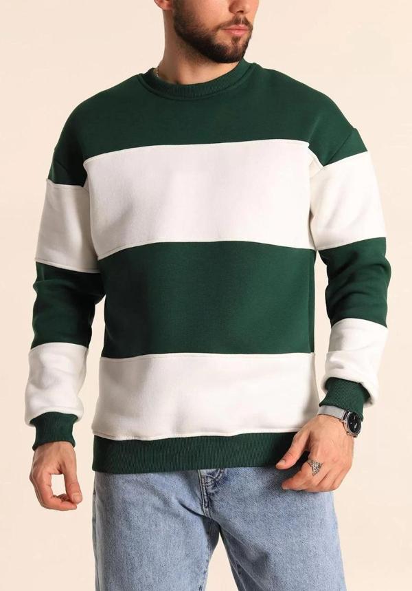 Parçalı Bisiklet Yaka Baskılı SweatShirt - Yeşil - Image 1