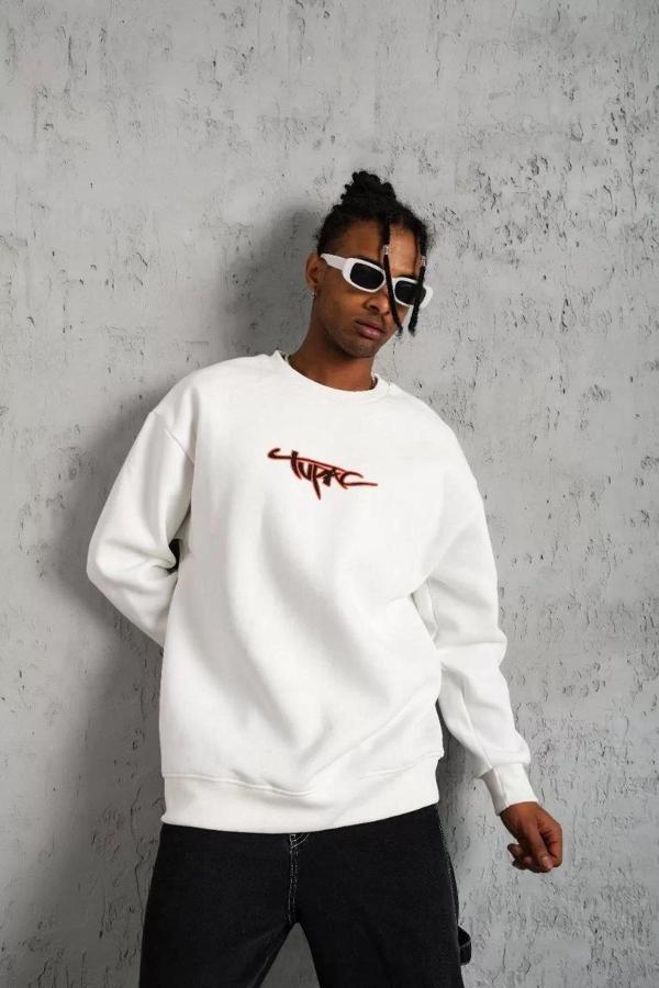 Erkek 3 İplik Gangster Baskılı Sweatshirt - Beyaz - Image 1