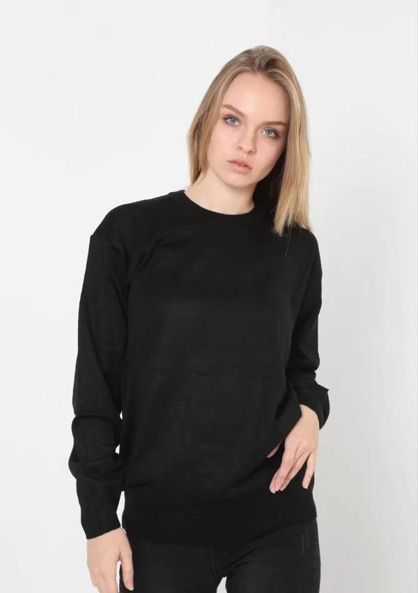Unisex Uzun Kol Biskilet Yaka Dokuma Triko - Siyah - Image 1