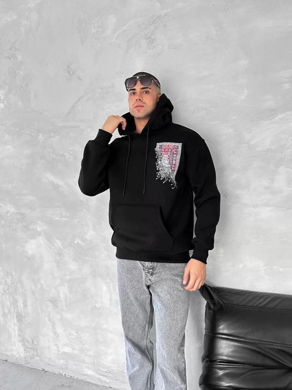 Uzun Kol Kapüşonlu Ön Ve Arka Baskılı SweatShirt - Siyah - Image 1