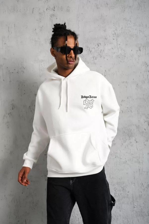 Erkek 98 Baskılı Kapşonlu Sweat - Beyaz - Image 1