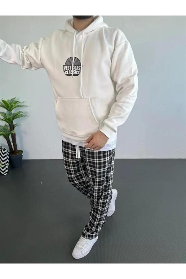 Erkek Baskılı Üç İplik Kapüşonlu Oversize Sweatshirt - Beyaz - Image 1