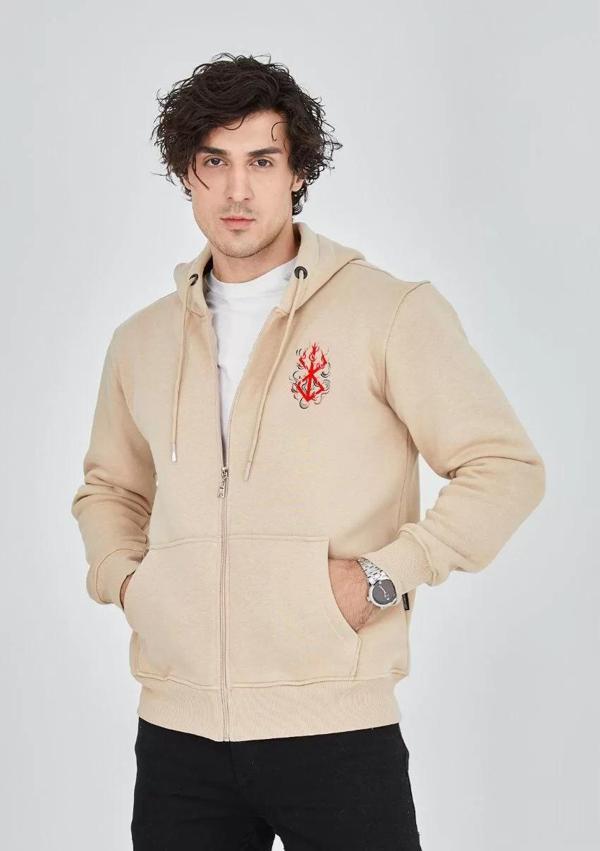 Unisex Baskılı Tam Fermuarlı Kapşonlu SweatShirt - Bej - Image 1