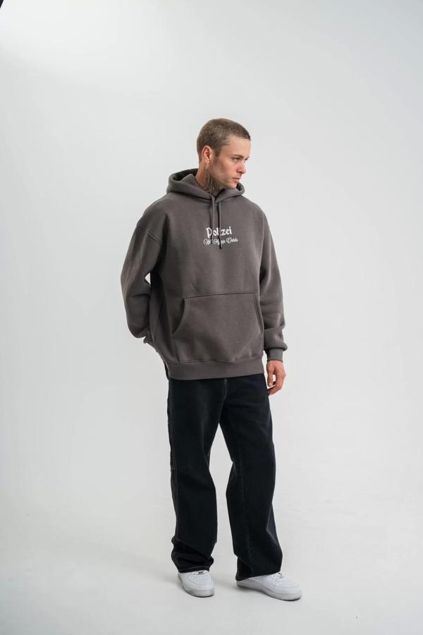 Üç İplik Kapşonlu Dijital Patchli SweatShirt - Füme - Image 1