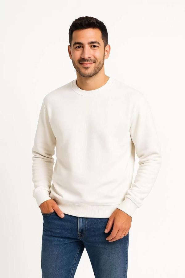 Erkek Üç İplik Düz Bisiklet Yaka SweatShirt - Beyaz - Image 1