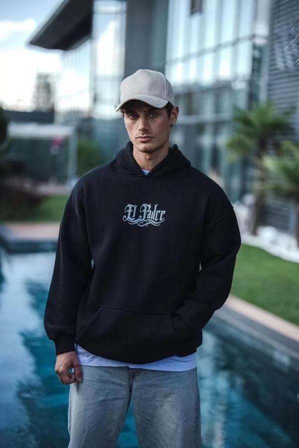 Üç İplik Penye Kapşonlu Baskılı SweatShirt - Siyah - Image 1